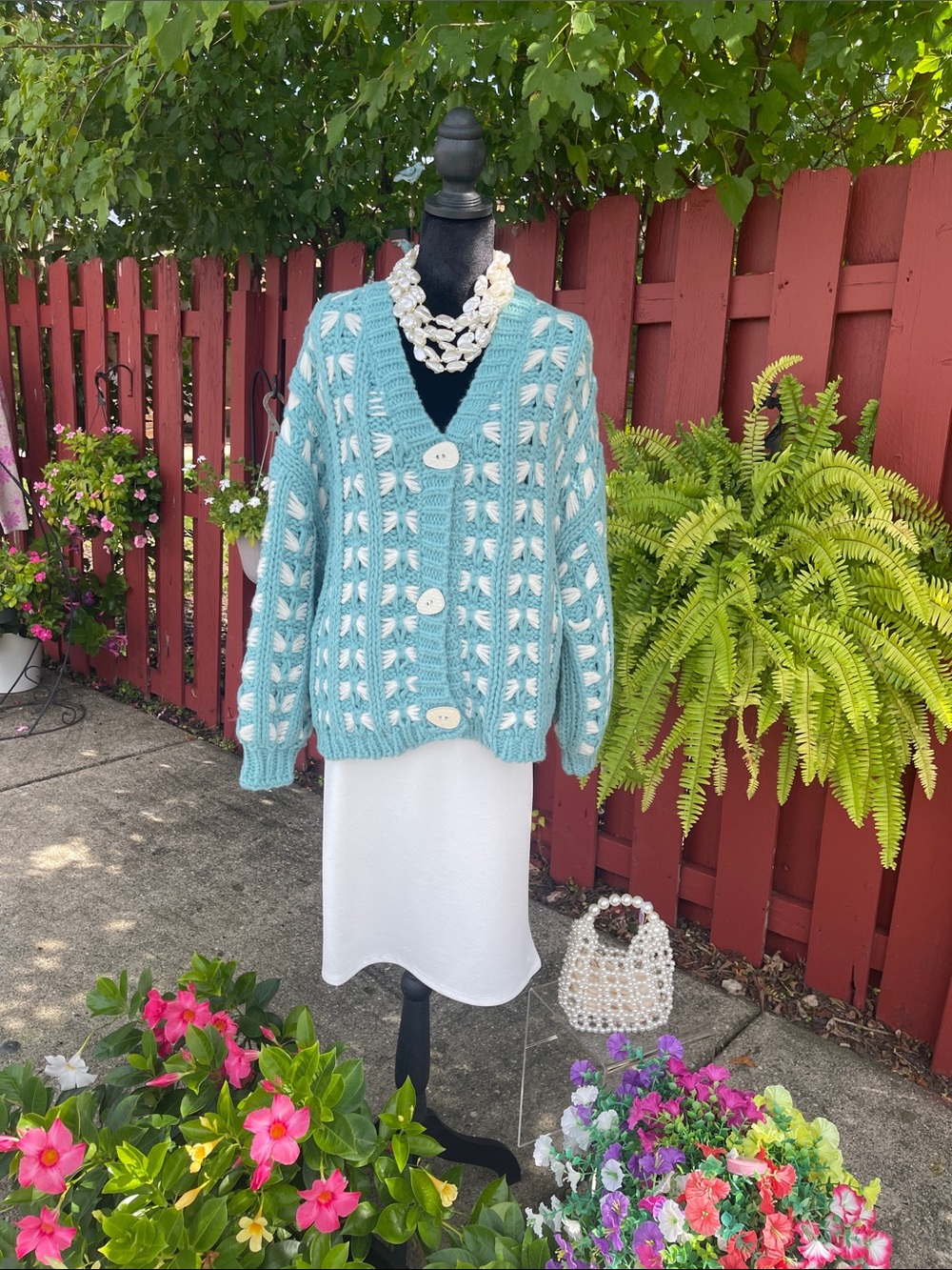 Little Lies Chunky Knit Cardigan Sweater - Aqua and White